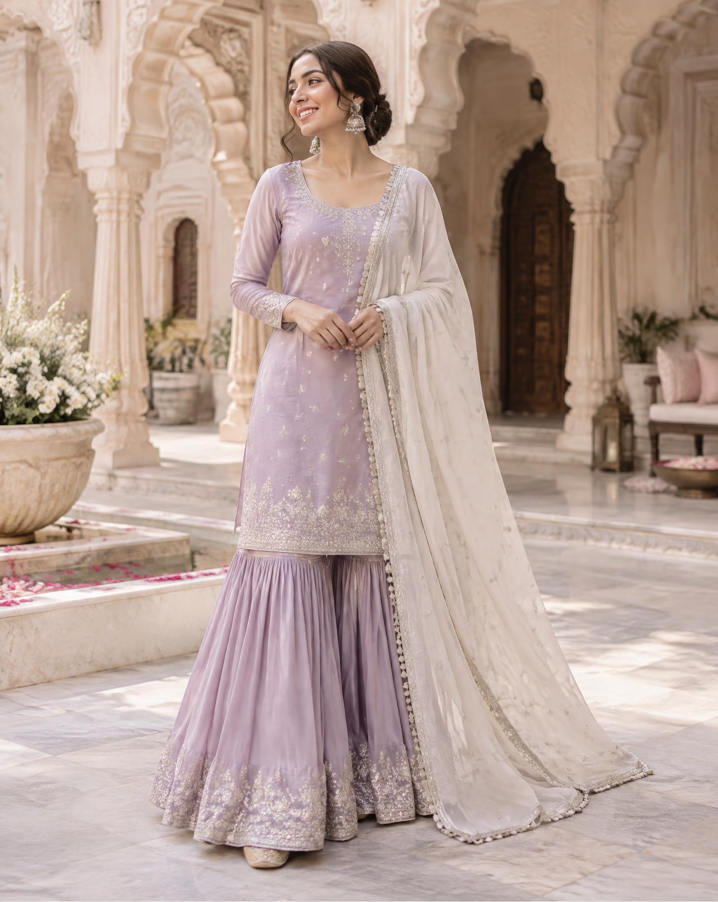 Lavender Punjabi gharara set with an ivory dupatta